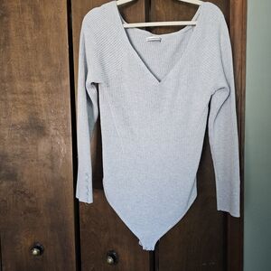 Abercrombie & Fitch Light Gray Ribbed V-Neck Bodysuit